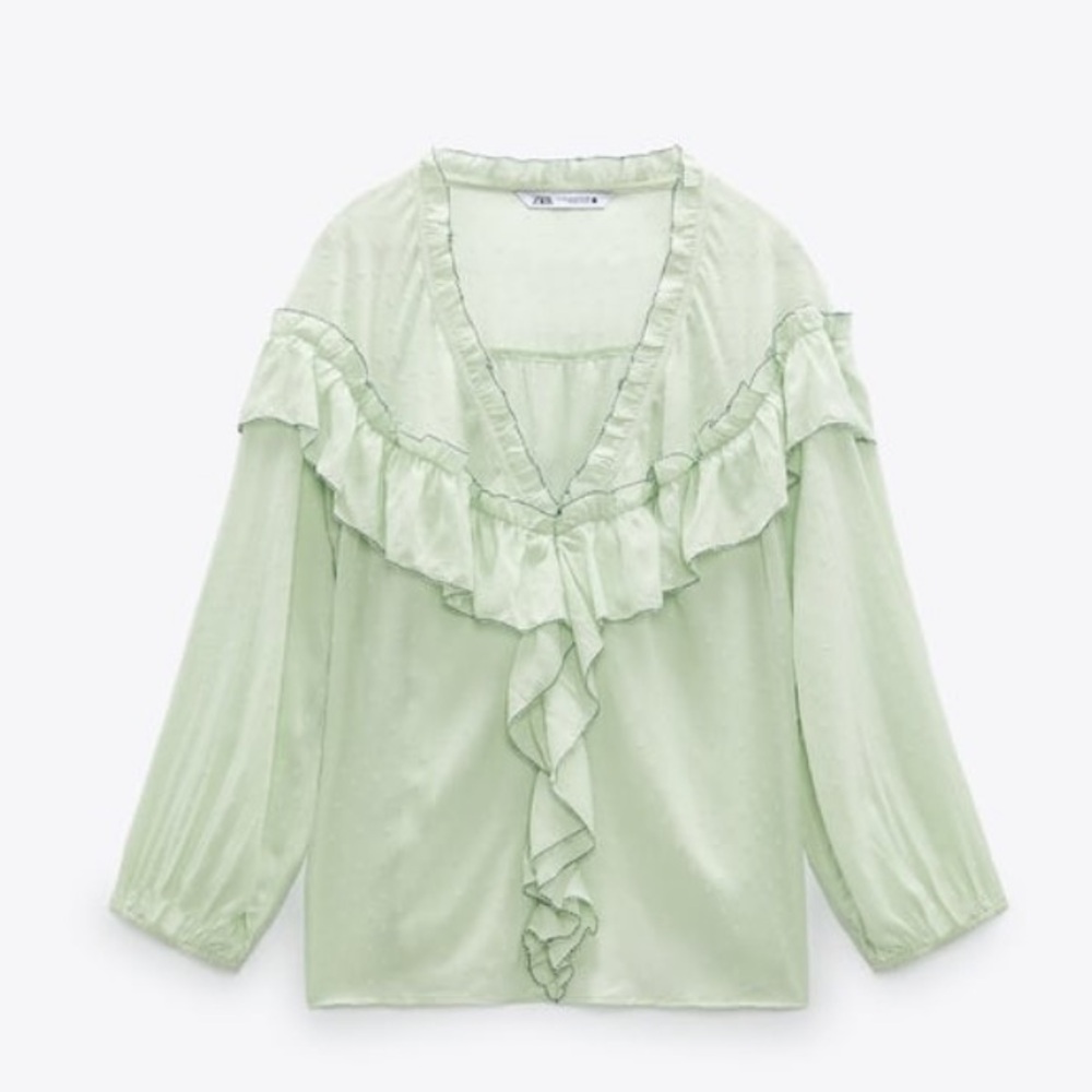 Zara sage green Swiss dot ruffled soft poplin blouse 3/4 sleeves size small